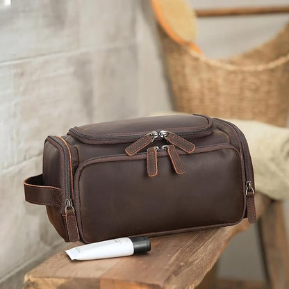 Polare Full Grain Leather Toiletry Case Bag Travel Dopp Kit Organizer Hanging Makeup Cosmetic Shaving Kit Wash Case for Men