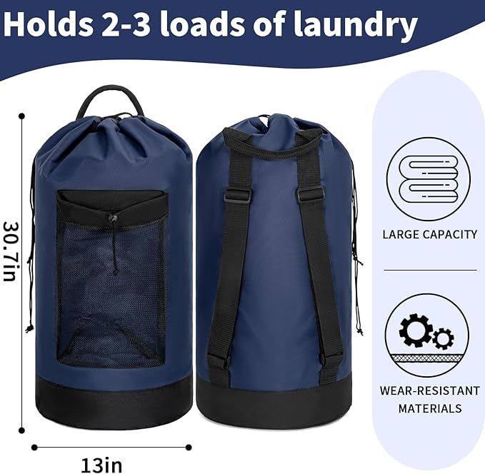 Laundry Bag Backpack with Shoulder Straps and Mesh Pocket Foldable Clothes Hamper Bag with Drawstring Closure for College, Apartment, Laundromat (Dark Blue)
