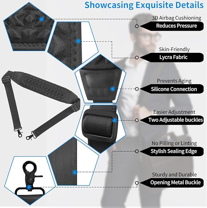 3D Air Cushion Ultra Comfortable Bag Strap, 55" Thicken Shoulder Strap with Double Adjustable Buckles and Metal Hooks, Ideal for Laptop Messenger Bag/Crossbody Bag(Enlarged Clamp Buckle)