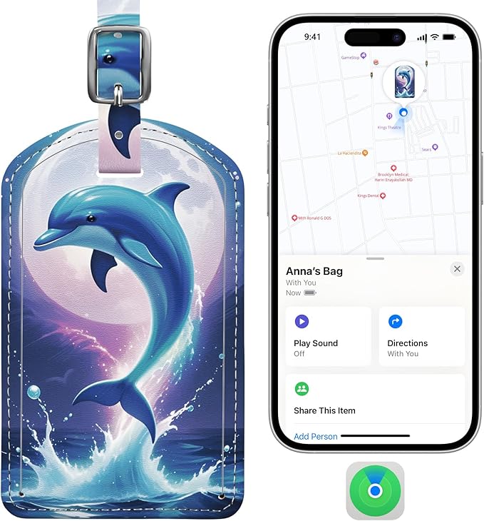 Luggage Tags Built-in Anti-Loss Tracker, Luxury Leather Luggage Tags for Suitcase, Travel Bags, Backpacks, Travel Organizer for Lost Baggage Prevention (Moon Dolphin)