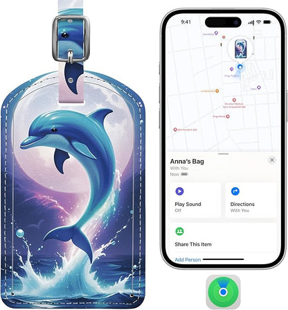 Luggage Tags Built-in Anti-Loss Tracker, Luxury Leather Luggage Tags for Suitcase, Travel Bags, Backpacks, Travel Organizer for Lost Baggage Prevention (Moon Dolphin)