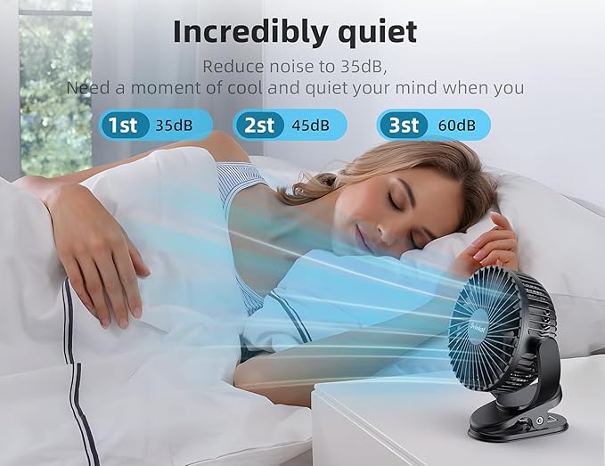 USB Personal Clip on Fan 5000mAh Battery Operated 6in, Type C, 3 Speed, 720° adjustment, Small Portable Fan for Table, Bedroom, Desk, dormitory, Camping, Stroller, Golf Cart
