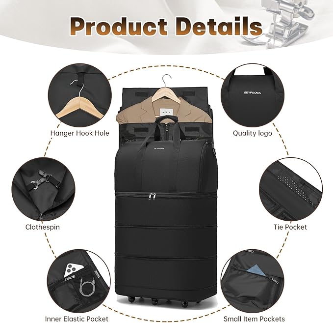Collapsible Rolling Garment Bags, Large Rolling Duffle Bag with Wheels Convertible Travel Garment Bag for Men Women Carry On Garment Bag for Travel Suitcase Suit Business Travel Bag, Black