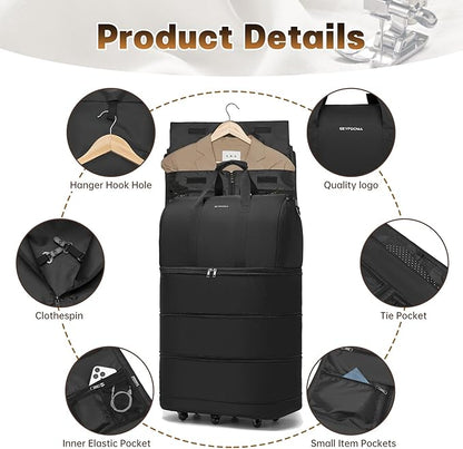 Collapsible Rolling Garment Bags, Large Rolling Duffle Bag with Wheels Convertible Travel Garment Bag for Men Women Carry On Garment Bag for Travel Suitcase Suit Business Travel Bag, Black