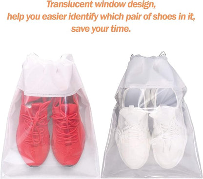 24 Pack Portable Shoe Bags for Travel Large Shoes Pouch Storage Organizer Clear Window with Drawstring for Men and Women White