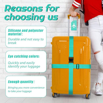 Weewooday 8 Pcs Luggage Straps Suitcase Tags Set for TSA Approved, 4 Travel Adjustable Suitcase Belt, 4 Silicone Luggage Tags with Name ID Card Travel Accessories(Turquoise,Airplane)
