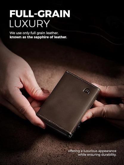 LORZOR Wallet for Men with Metal Card Holder, Pop Up Wallet, Finest Full Grain Leather Trifold Wallet, Smart, Minimalist, RFID Blocking, Front Pocket, ID Window, Brown/Grey