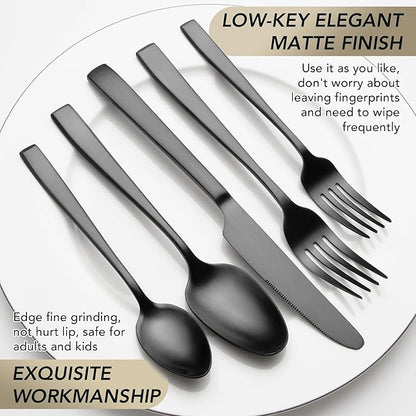 Matte Black Silverware Set, EIUBUIE 40-Piece Premium Stainless Steel Black Cutlery Set for 8, Matte Flatware Sets, Kitchen Utensils Sets Include Forks Spoons Knives
