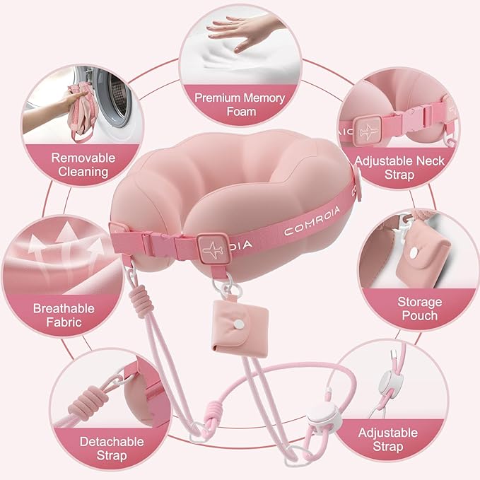 Travel Neck Pillow for Airplane, Super Soft Neck Support Travel Pillow - Lightweight and Stylish Convertible Style - Ergonomic Design for Long Flights, Car, Train & Office Use (Pink)