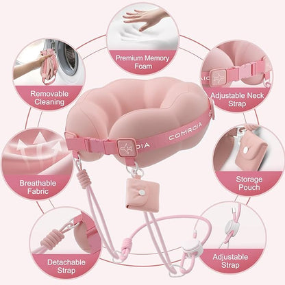 Travel Neck Pillow for Airplane, Super Soft Neck Support Travel Pillow - Lightweight and Stylish Convertible Style - Ergonomic Design for Long Flights, Car, Train & Office Use (Pink)