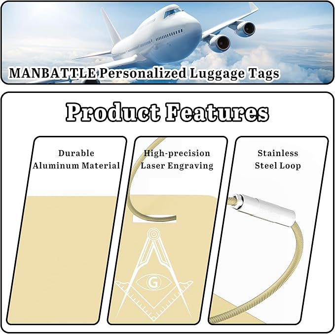 4 PCS Personalized Luggage Tags for Suitcases, Custom Aluminum Luggage Tags for Bags and Backpacks, Waterproof & Heavy Duty Personalized Metal Name Tags for Travel (Gold)