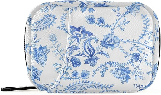 Blue and White Flower Pill Organizer Box Case Container Holder 7 Days Weekly Travel Cute Vitamin Dispenser Sorter Planner Storage Small Compact Men Women