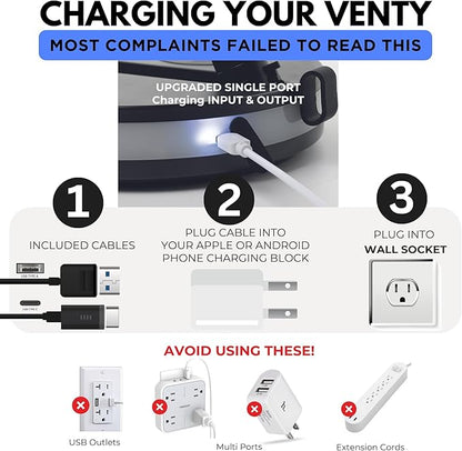VENTY Portable Fan - Wireless Battery Operated Fan - 4 Speeds - LED Lighting - Carry Case & Remote Control - Cruise Travel - Outdoor Travel RV Power Bank With USB-C Port (Blue with Case)