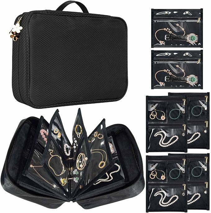 Travel Jewelry Organizer Case, Jewelry Storage Bag with Zipper Velvet Pockets, Portable Jewelry Case for Necklaces, Rings, Earrings, Bracelets