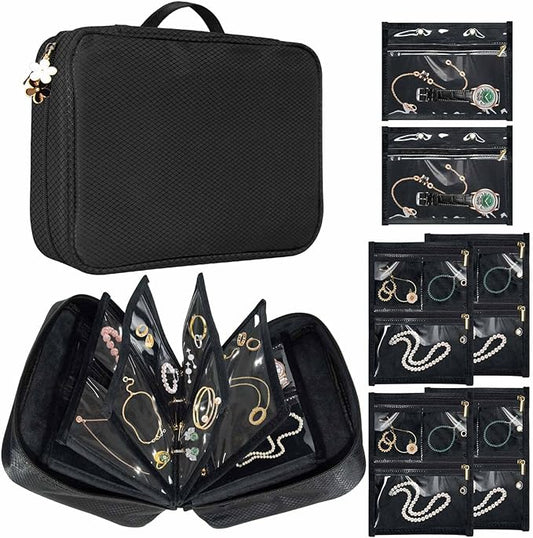 Travel Jewelry Organizer Case, Jewelry Storage Bag with Zipper Velvet Pockets, Portable Jewelry Case for Necklaces, Rings, Earrings, Bracelets