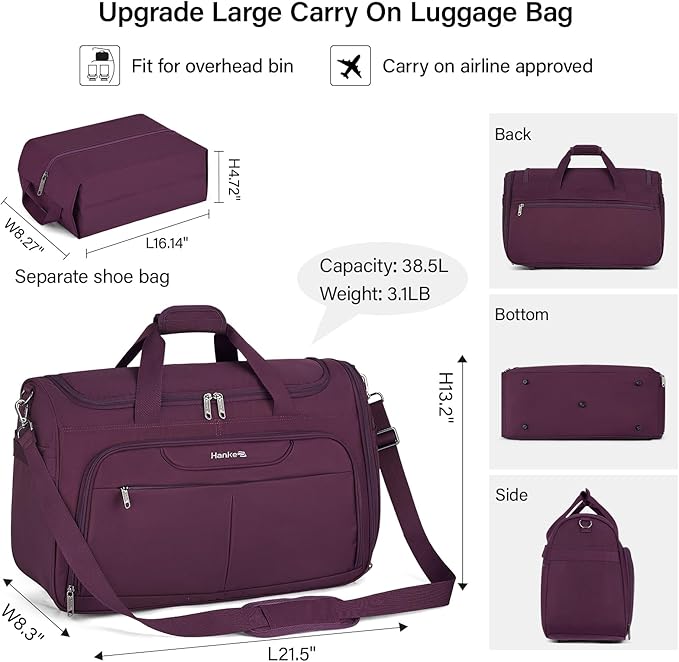 Hanke Carry On luggage Bags for Travel, Large Foldable Duffle Bag for Travel, Softside Lightweight Travel Bag Carry On Bags for Airplanes Women, Travel Tote Bags for Women Men.（Purple）