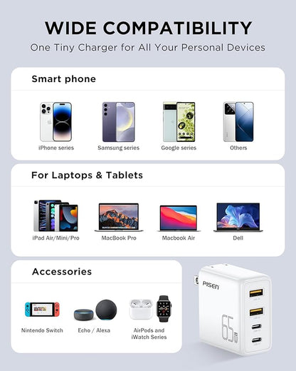 PISEN 65W USB C Fast Charger - 4FT USB-C Cable, 4-Port Compact Foldable GaN Charger, PPS for MacBook Pro/Air, iPad Pro, Galaxy S23, iPhone Series