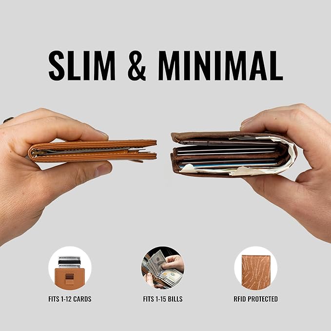 Kings Loot Wallet for Men | Minimalist Slim RFID Blocking Leather Design with Cash Pocket & Card Pull Strap | Holds 1-15 Cards | Stylish & Durable Wallets (Saffron)