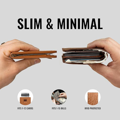 Kings Loot Wallet for Men | Minimalist Slim RFID Blocking Leather Design with Cash Pocket & Card Pull Strap | Holds 1-15 Cards | Stylish & Durable Wallets (Saffron)