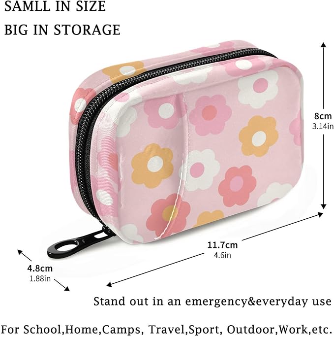 Fustylead 70s Groovy Retro Style Colorful Daisy Flower Travel Pill Organizer Case Zipper for Purse with Removable Weekly Pill Box for Medicine, Vitamin, Supplement Medicine Organizer