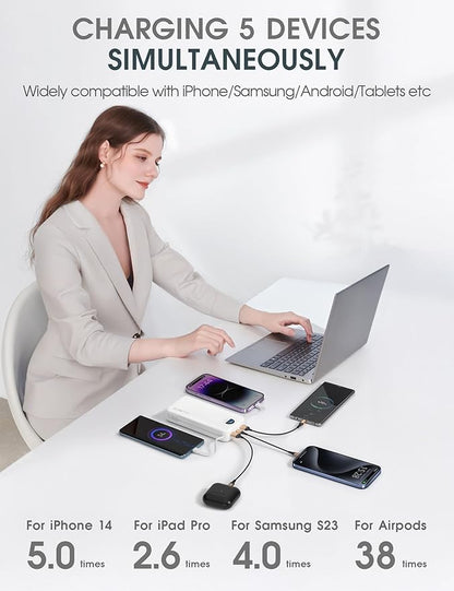 Portable Charger Power Bank, 20000mAh 22.5W Type C Fast Charging with Built-in Cable & Wall Plug, Portable Power Bank with LED Display, Travel Essential for iPhone, iPad, Samsung White