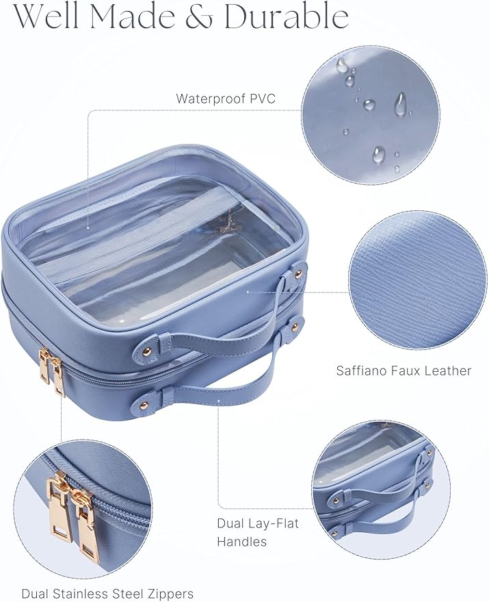Clear Cosmetic Bag Double Layer Travel Toiletry Bag Clear Makeup Bag Case with 4 Compartments, Transparent Travel Bag for Toiletries, Large Toiletry Bag for Women Cosmetic Case (Blue, Large)