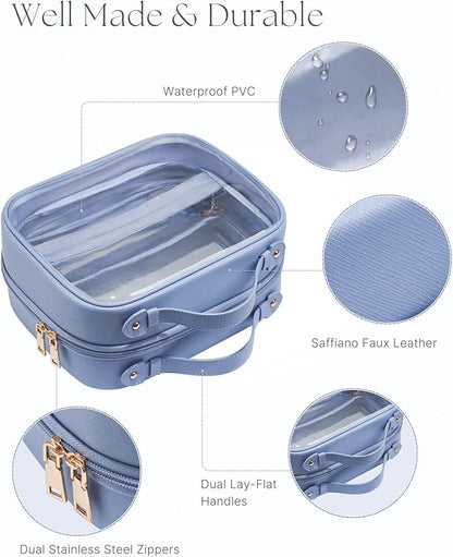 Clear Cosmetic Bag Double Layer Travel Toiletry Bag Clear Makeup Bag Case with 4 Compartments, Transparent Travel Bag for Toiletries, Large Toiletry Bag for Women Cosmetic Case (Blue, Large)