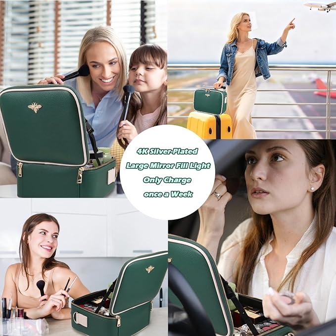 Travel Makeup Bag with Light Up Mirror, Portable Makeup Bag with Led Light Women Waterproof Makeup Travel Case adjustable dividers Rechargeable Vanity Mirror with 3 Color Lights (Green)