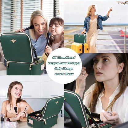 Travel Makeup Bag with Light Up Mirror, Portable Makeup Bag with Led Light Women Waterproof Makeup Travel Case adjustable dividers Rechargeable Vanity Mirror with 3 Color Lights (Green)