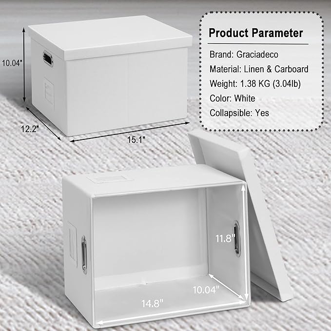 File Organizer Box, Decorative Storage Filling Box with Lid for Letter Legal Size Hanging Folders Collapsible Linen File Folder Box Office Document Storage Filing Bin, White 2 Pack