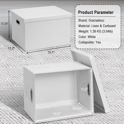 File Organizer Box, Decorative Storage Filling Box with Lid for Letter Legal Size Hanging Folders Collapsible Linen File Folder Box Office Document Storage Filing Bin, White 2 Pack