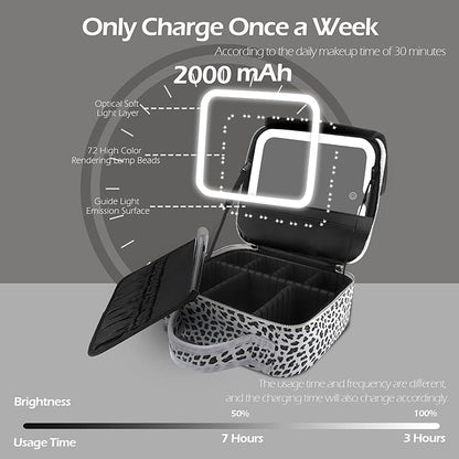 Travel Makeup Bag Cosmetic Bag Makeup Organizer Bag with Lighted Mirror, Adjustable Brightness in 3 Color Scenarios, Waterproof Makeup Train Case, Gift for Women - Leopard White