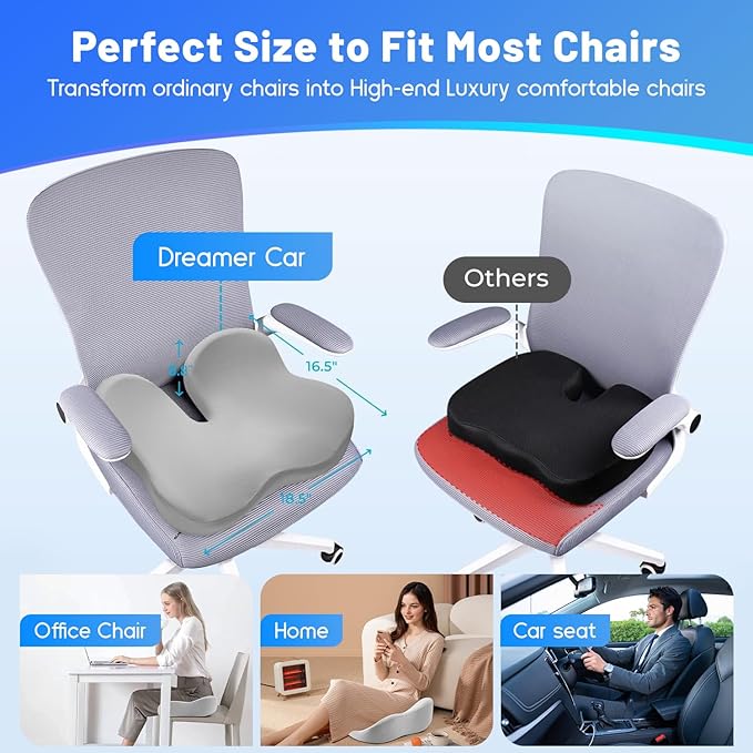 Seat Cushion, Wide & Soft Support Memory Foam Cushion for Office Chair, Desk Chair, Car Seat, Airplane, Ergonomic Sciatica, Hip & Tailbone Pain Relief Cushion for Long Sitting