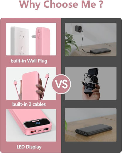 12000mAh Lightweight-Portable-Charger-Power-Bank with Built-in Cables and AC Wall Plug, PD20W USB-C Fast Charging Battery Pack, LED Display External Travel Phone Charger for All iPhone,Samsung,Android