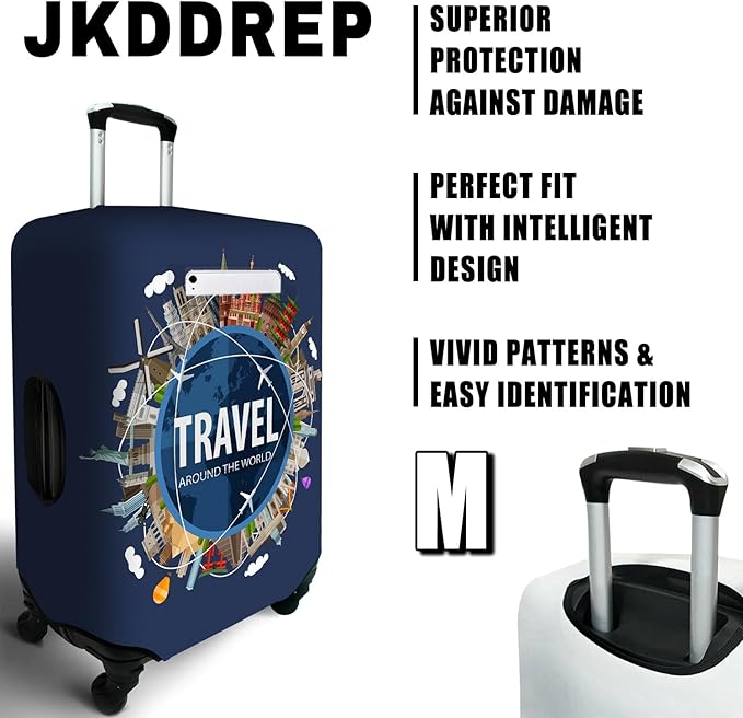 Travel around the world Travel Luggage Cover, Travel-Themed Suitcase Protector Stretchable, Washable Travel Suitcase Cover (M for 22-24 Inch Luggage)