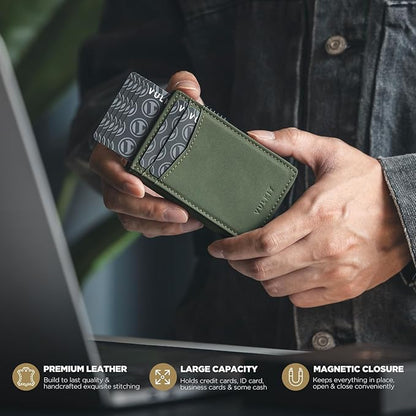 VULKIT Men's Wallet with ID Window Premium Leather Wallets RFID Blocking Minimalist Wallet Pop Up Card Holder Magnetic Closure
