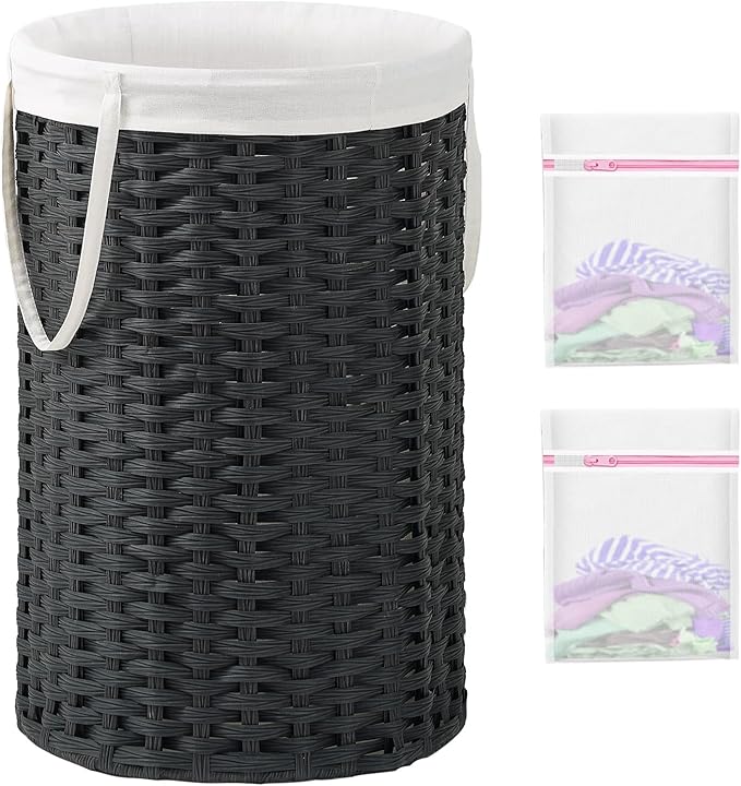 34.3 Gal (130 L) Large Laundry Hamper Laundry Basket Round Handwoven Wicker Laundry Baskets Rattan Laundry Basket with Removable Bag Handles 2 Mesh Bags for Living Room Bedroom Black