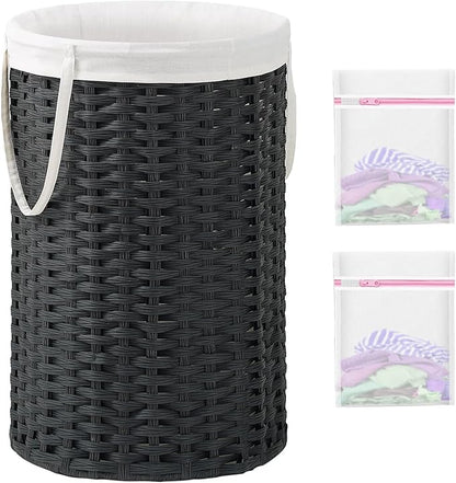 34.3 Gal (130 L) Large Laundry Hamper Laundry Basket Round Handwoven Wicker Laundry Baskets Rattan Laundry Basket with Removable Bag Handles 2 Mesh Bags for Living Room Bedroom Black