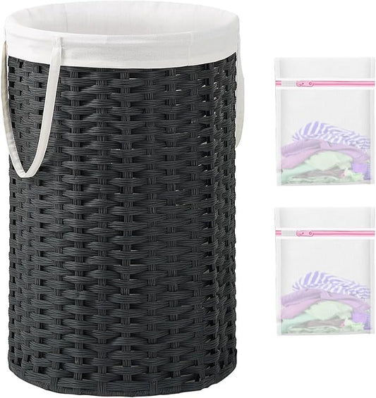 34.3 Gal (130 L) Large Laundry Hamper Laundry Basket Round Handwoven Wicker Laundry Baskets Rattan Laundry Basket with Removable Bag Handles 2 Mesh Bags for Living Room Bedroom Black