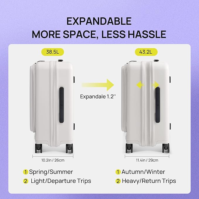 NINETYGO Carry On Luggage 22x14x9 Airline Approved, Top Opening Luggage 20 Inch Suitcase, Expandable, PC Hard Shell, Larger Capacity Carryon, TSA Lock, 360° Spinner Wheels (White)