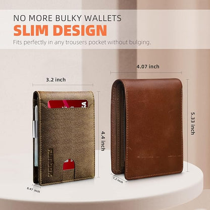 RUNBOX Slim Wallets for Men - Leather Money Clip Mens Wallet - RFID Blocking Front Pocket Bifold Wallet - Minimalist Credit Card Holder with Gift Box