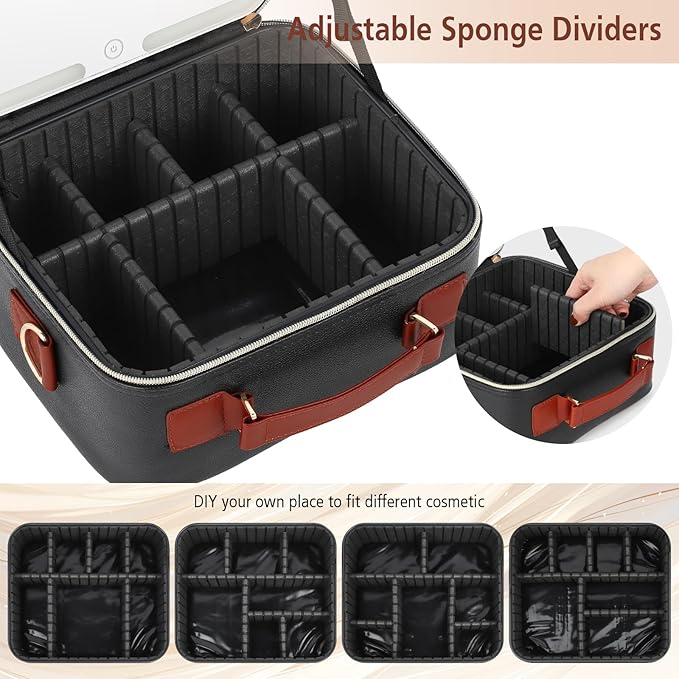 Travel Makeup Bag with Led Mirror Make up Case with Lighted Mirror Cosmetic Organizer bag with Adjustable Dividers and 5X Magnifying Mirror Makeup Box Vanity Case for Women