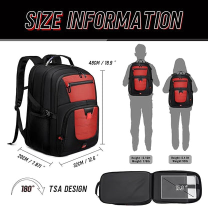 Z-MGKISS Big Travel Backpack, Large Laptop Backpack, TSA Approved Bag 50L, Anti-Theft Water Resistant Computer Daypack 17.3 Inch, Red