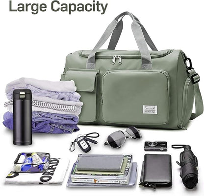Travel Duffel Bag with Shoes Compartment Sports Gym Bag with Dry Wet Separated Pocket for Men and Women, Overnight Bag Weekender Bag Training Handbag Yoga Bag - Dark Green