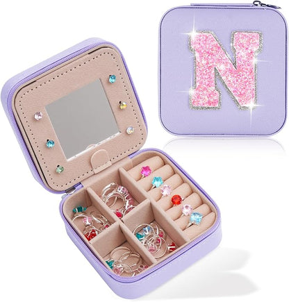 Personalized Jewelry Case for Women Girls - Fashion Mini Jewelry Boxes - Trendy Travel Jewelry Organizer with Initials Letter - Teen Gifts | Lavender,N