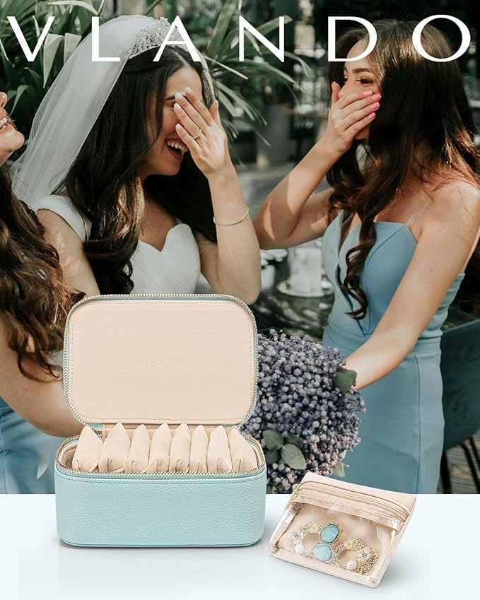 Vlando Jewelry Travel Organizer with 8 Velvet Jewelry Bags Travel Jewelry Storage Box Jewelry Case for Necklace Rings Earrings Trendy Christmas Birthday Graduate Gifts for Women-Lake Blue