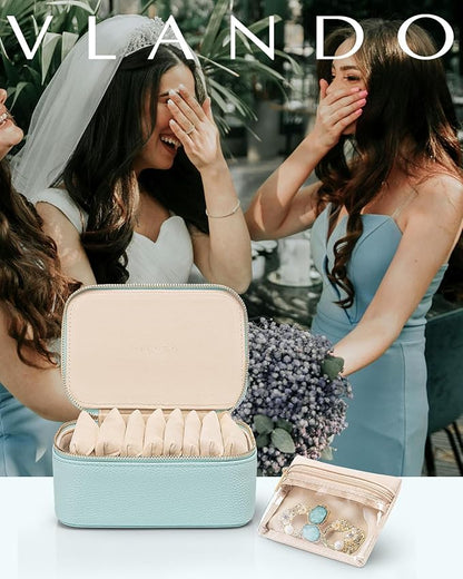 Vlando Jewelry Travel Organizer with 8 Velvet Jewelry Bags Travel Jewelry Storage Box Jewelry Case for Necklace Rings Earrings Trendy Christmas Birthday Graduate Gifts for Women-Lake Blue