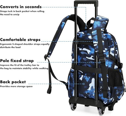 Bluboon Rolling Backpack with Wheels Kids Backpack for Boys Teens Wheeled Bookbag Kids Luggage Travel Hiking