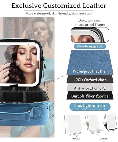 MOMIRA Travel Makeup Bag Cosmetic Bag with Lighted Mirror, Adjustable Brightness in 3 Color Scenarios/Detachable makeup mirror, All-round Upgrade, Waterproof, Gift for Women -Azure Blue