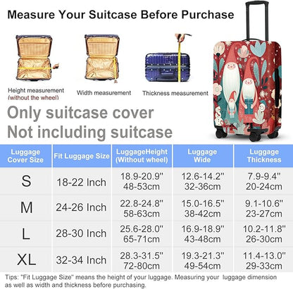 Christmas Gnome Luggage Cover - Red Background with Santa's Helpers, Trees and Snowmen, Elastic Holiday Travel Case for 28 30 Inch Bag